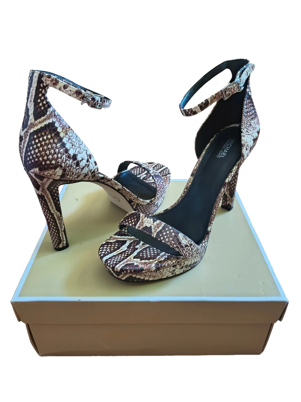 MICHAEL Michael Kors Brown Snake-Print Ankle Strap High Heels